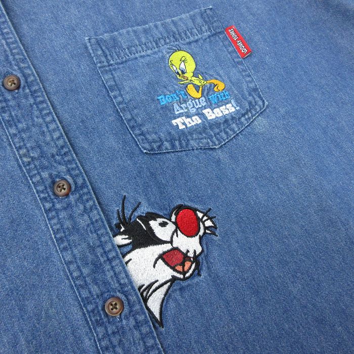 古着 ノースリーブ シャツ レディース 00年代 00s ルーニーテューンズ LOONEY TUNES トゥイーティ シルベスター 刺繍 大きいサイズ  コットン 紺 ネイビー デニム 23jun21 中古 ブラウス トップス