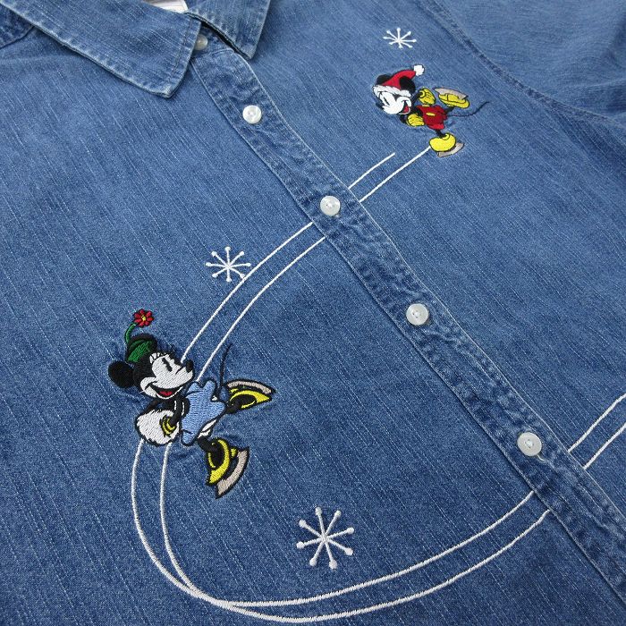 古着 長袖 シャツ レディース 00年代 00s ディズニー DISNEY ミッキー MICKEY MOUSE ミニー プルート 刺繍 コットン 紺  ネイビー デニム 23nov14 中古 ブラウス トップス