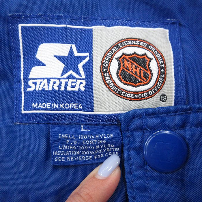 XL★古着 スターター STARTER 長袖 ナイロン ジャケット メンズ 90年代 90s NHL USAチーム マルチカラー 大きいサイズ 紺他  ネイビー 内側キルティング アイスホッケー 23oct26 中古 アウター