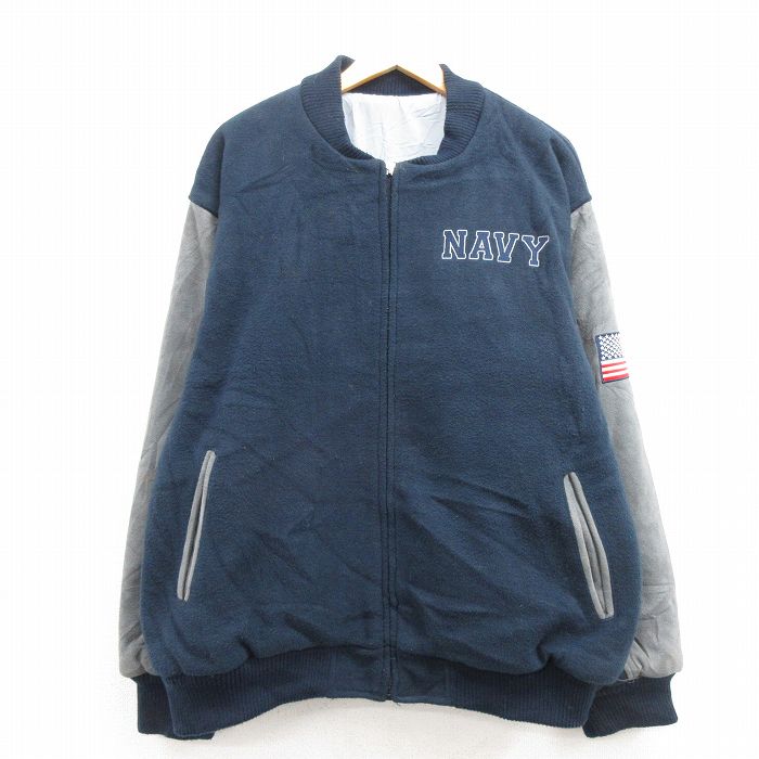 XL★古着 長袖 スタジャン メンズ ミリタリー ネイビー NAVY 大きいサイズ 紺他 内側キルティング 23jan31 中古 アウター ジャンパー  ブルゾン