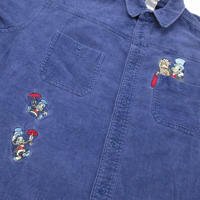 XL★古着 長袖 シャツ メンズ 00年代 00s コーデュロイ ディズニー DISNEY ピノキオ ジミニークリケット 刺繍 大きいサイズ コットン  紺 ネイビー 【spe】 23oct14 中古 トップス