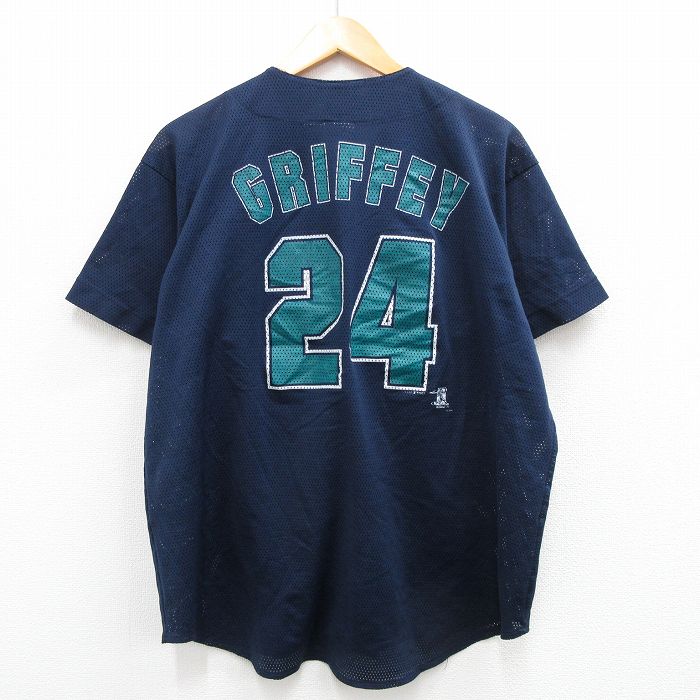 XL★古着 半袖 ベースボール シャツ メンズ 90年代 90s MLB シアトルマリナーズ ケングリフィージュニア 24 メッシュ地 紺 ネイビー  メジャーリーグ 野球 ユニフォーム ゲームシャツ 【spe】 23aug23 中古 トップス