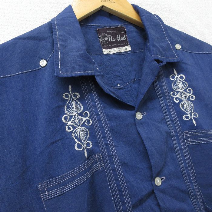 美品】キューバシャツ 青 ネイビー 刺繍 半袖 ビッグシルエット
