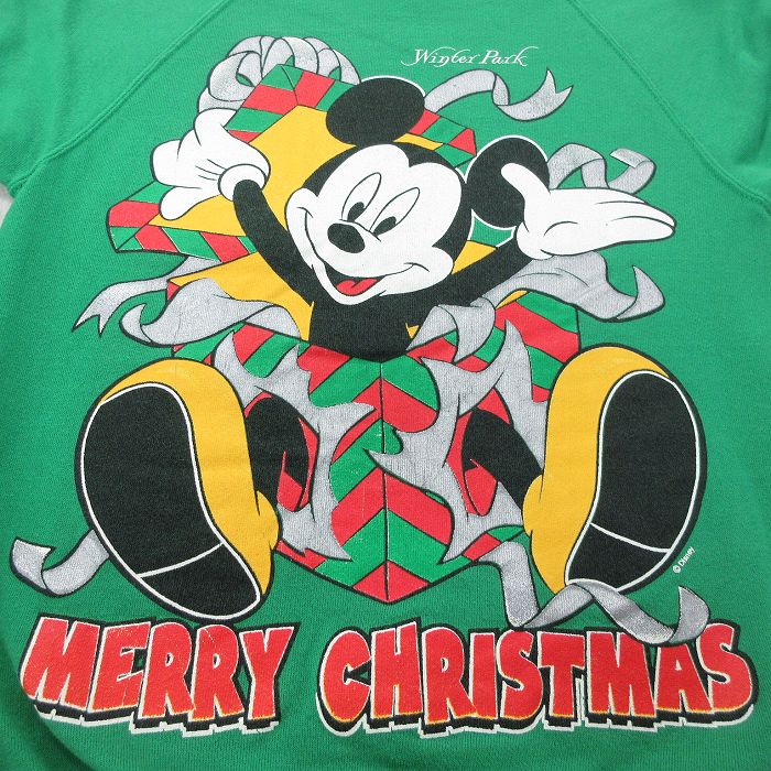 S★古着 ジャージーズ 長袖 スウェット メンズ 80年代 80s ディズニー DISNEY ミッキー MICKEY MOUSE クリスマス ラグラン  クルーネック USA製 緑 グリーン 23sep27 中古 スエット トレーナー トップス