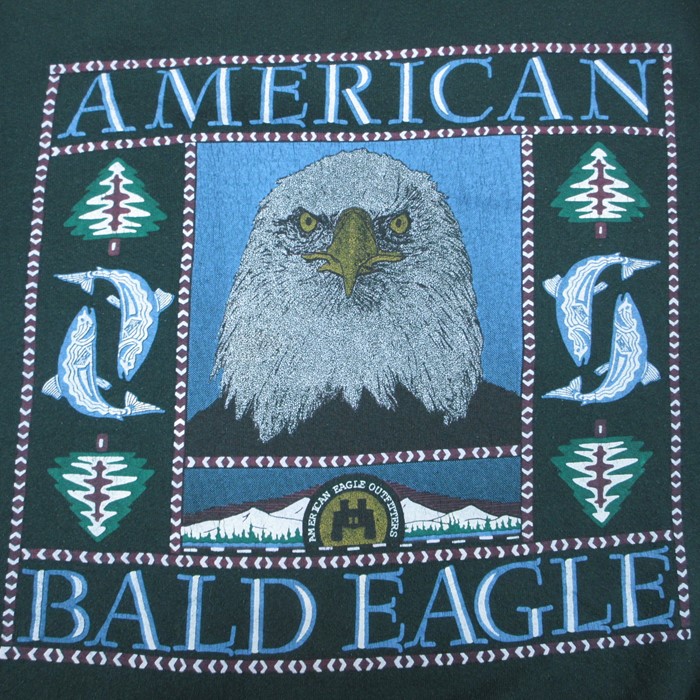 【20%OFF】L★古着 アメリカンイーグル American Eagle 長袖 スウェット メンズ 90年代 90s ワシ 魚 木 クルーネック  USA製 濃緑 グリーン 【spe】 23jan20 中古 スエット トレーナー トップス