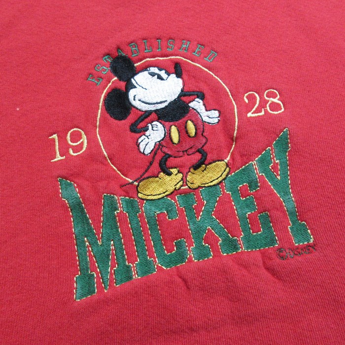 L★古着 長袖 スウェット メンズ 90年代 90s ディズニー DISNEY ミッキー MICKEY MOUSE 刺繍 クルーネック USA製 赤  レッド 【spe】 23oct13 中古 スエット トレーナー トップス