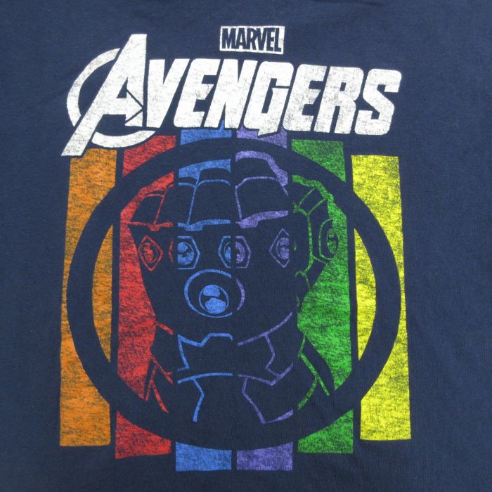 L★古着 半袖 Tシャツ メンズ マーベル アベンジャーズ インフィニティガントレット サノス コットン クルーネック 紺 ネイビー 23may27  中古