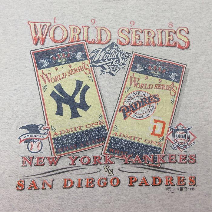 古着通販 L★古着 半袖 ビンテージ Tシャツ メンズ 90年代 90s MLB ニューヨークヤンキース サンディエゴパドレス ワールド