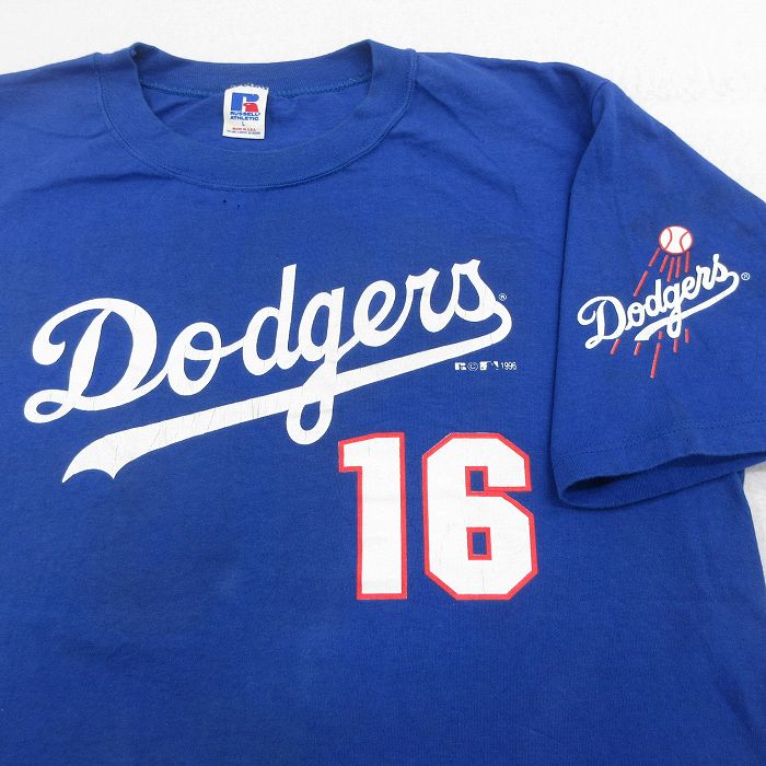 XL★古着 ラッセル 半袖 ビンテージ Tシャツ メンズ 90年代 90s MLB ロサンゼルスドジャース 野茂英雄 コットン クルーネック 青  ブルー メジャーリーグ ベースボール 野球 【spe】 23jun28 中古