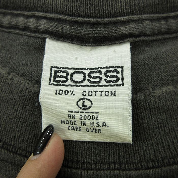 XL古着 BOSS 半袖 ビンテージ Tシャツ メンズ 年代 s ビッグロゴ 刺繍 大きいサイズ コットン クルーネック USA製 黒  ブラック spe jul 中古