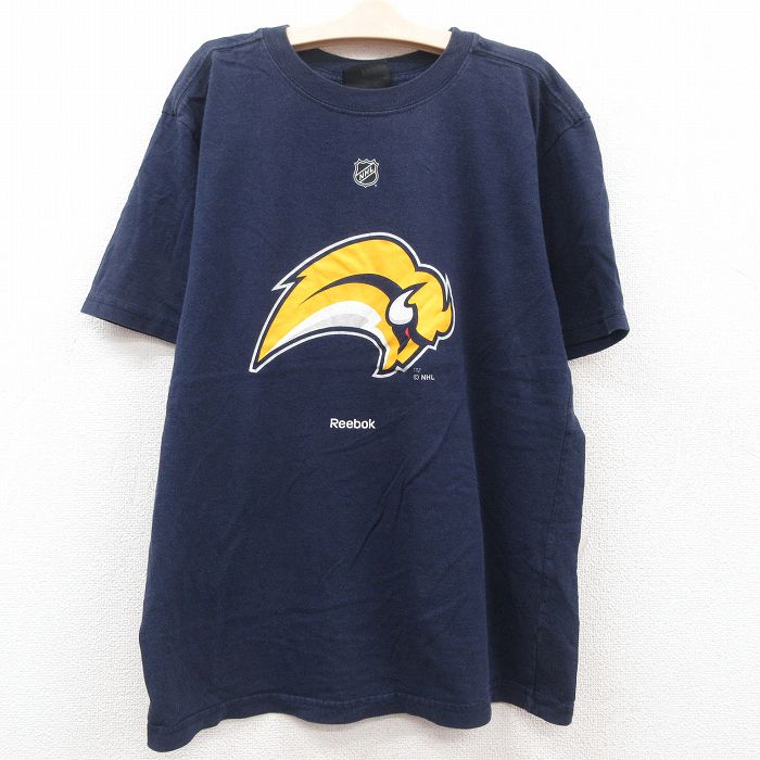 古着 リーボック REEBOK 半袖 Tシャツ キッズ ボーイズ 子供服 NHL バッファローセイバーズ ラメ コットン クルーネック 紺 ネ 中古 古着