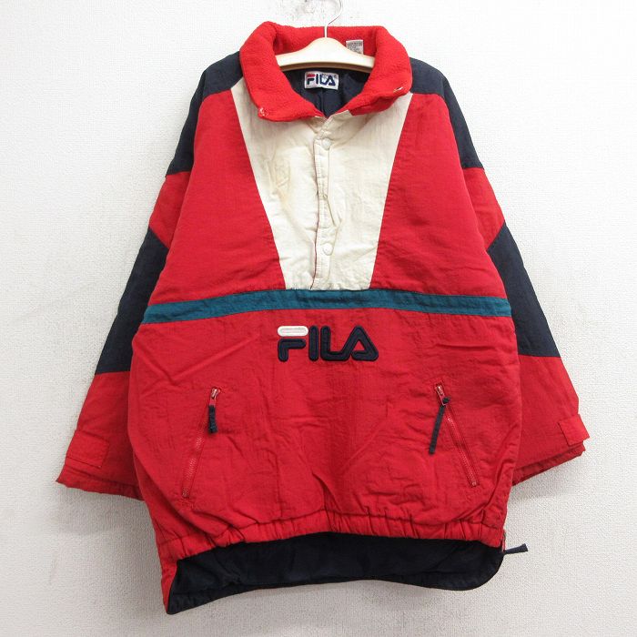 【商品番号】 lba23112131 【商品名】 古着 フィラ FILA 長袖 ナイロン ジャケット キッズ ボーイズ 子供服 90年代 90s ビッグロゴ 襟フリース スナップT 赤他 【表記サイズ