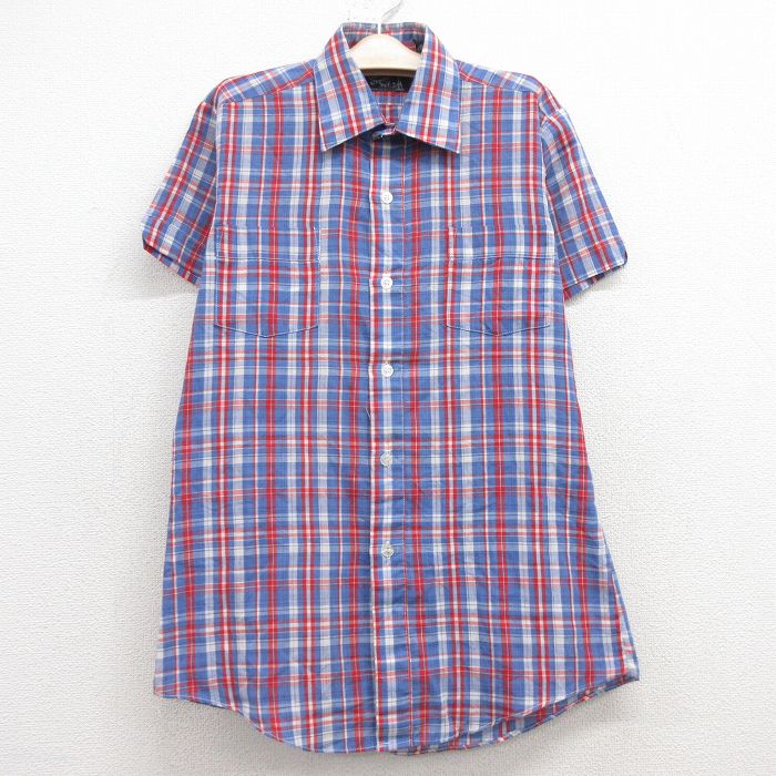 【商品番号】 lba24053720 【商品名】 古着 半袖 シャツ キッズ ボーイズ 子供服 80年代 80s 薄紺他 チェック 【表記サイズ】 14 【実寸サイズ】 着丈（肩から裾）65cm 着幅