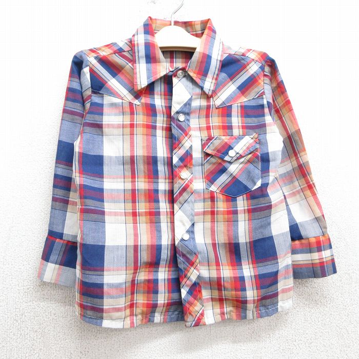 【商品番号】 lba25032686 【商品名】 古着 JCペニー 長袖 シャツ キッズ ボーイズ 子供服 80年代 80s 紺他 チェック 【表記サイズ】 5 【実寸サイズ】 着丈（肩から裾）45c