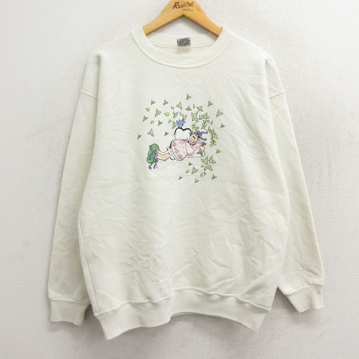 【商品番号】 lkn23102175 【商品名】 古着 長袖 スウェット レディース 90年代 90s 天使 花 刺繍 クルーネック USA製 生成り 【表記サイズ】 XL 【実寸サイズ】 着丈（肩か