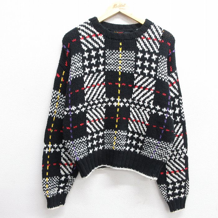 【商品番号】 lkn24121118 【商品名】 古着 Liz Sport 長袖 セーター レディース 90年代 90s コットン クルーネック 黒 チェック 【表記サイズ】 L 【実寸サイズ】 着丈