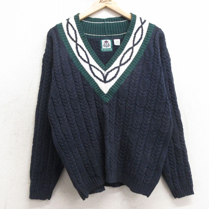 【商品番号】 lkn24121371 【商品名】 古着 IZOD 長袖 チルデン ケーブル セーター レディース 90年代 90s コットン Vネック 紺他 【表記サイズ】 M 【実寸サイズ】 着丈（