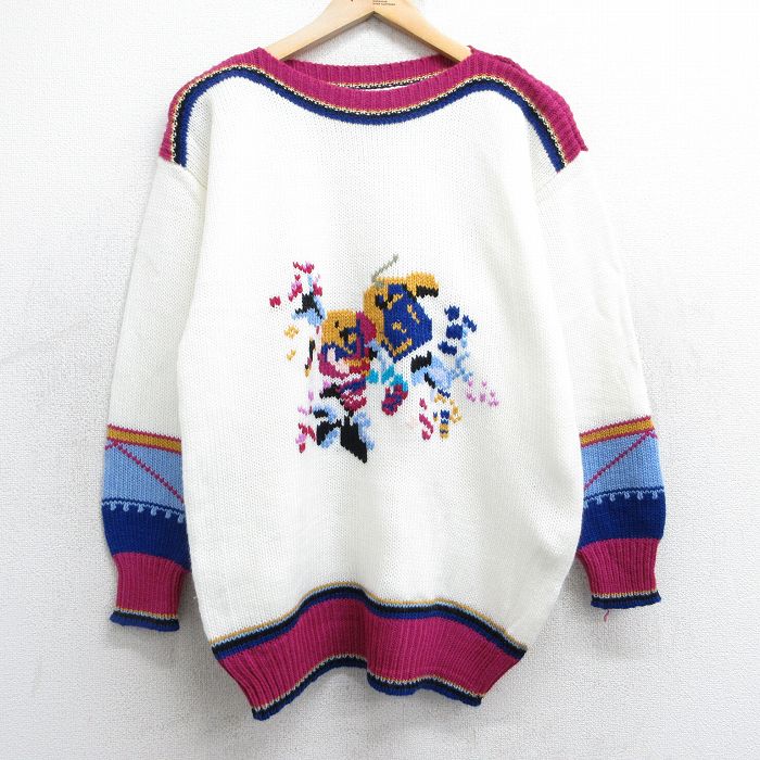 【商品番号】 lkn25010082 【商品名】 古着 長袖 セーター レディース 90年代 90s アクリル ボートネック 白他 【表記サイズ】 M 【実寸サイズ】 着丈（肩から裾）72cm 着幅（