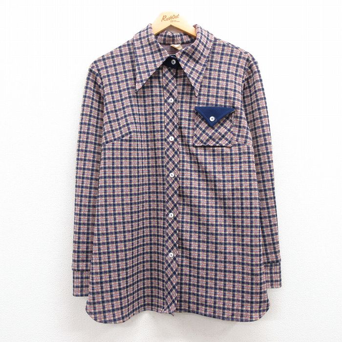 【商品番号】 lsh23081827 【商品名】 古着 長袖 シャツ レディース 70年代 70s 紺他 チェック 【表記サイズ】 16 【実寸サイズ】 着丈（肩から裾）73cm 着幅（脇から脇）53