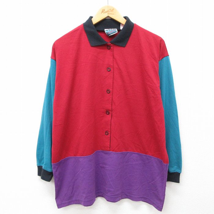 【商品番号】 lsh24072860 【商品名】 古着 長袖 シャツ レディース 00年代 00s 大きいサイズ マルチカラー 赤他 【表記サイズ】 18W-38 【実寸サイズ】 着丈（肩から裾）70