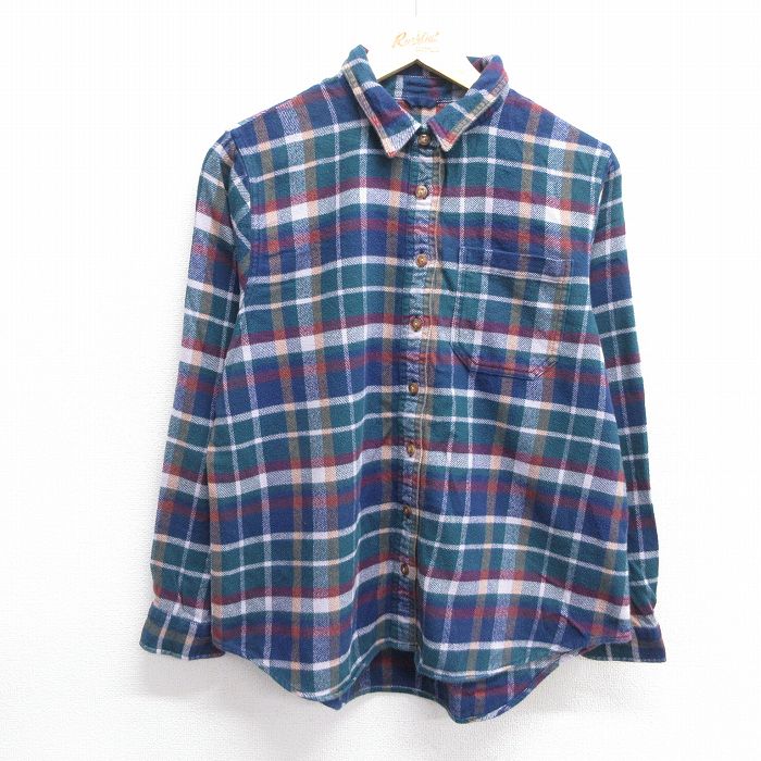 【商品番号】 lsh25010014 【商品名】 古着 エルエルビーン 長袖 ヘビー フランネル シャツ レディース コットン 緑他 チェック 【表記サイズ】 M 【実寸サイズ】 着丈（肩から裾）64