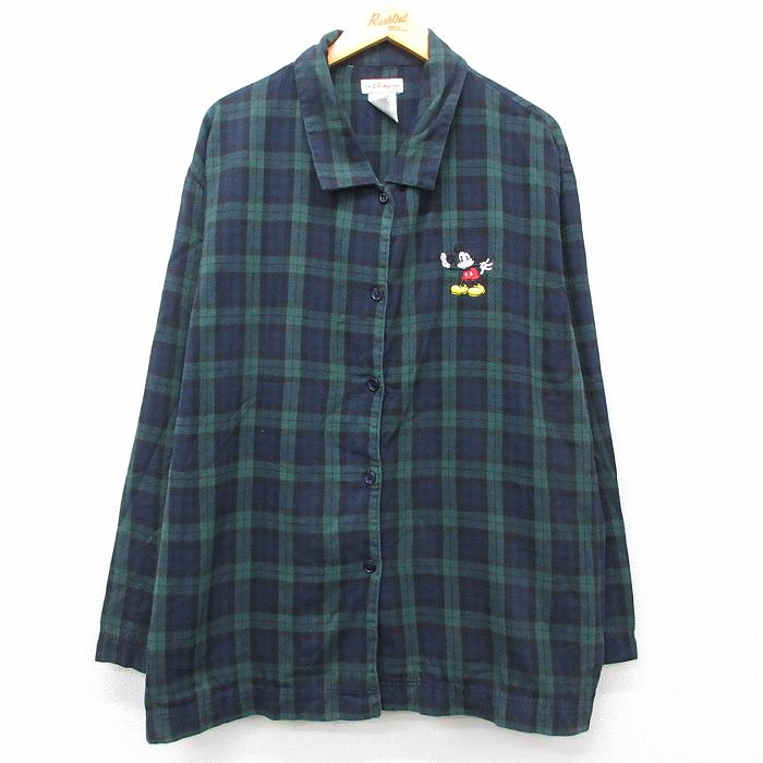 【商品番号】 lsh25021753 【商品名】 古着 長袖 フランネル パジャマ シャツ レディース 00年代 00s ディズニー ミッキー 大きいサイズ コットン 紺他 タータン チェック ブラッ
