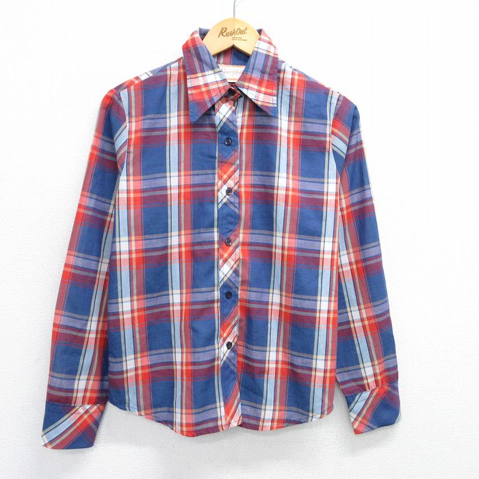【商品番号】 lsh25042163 【商品名】 古着 長袖 シャツ レディース 80年代 80s 紺他 チェック 【表記サイズ】 12 【実寸サイズ】 着丈（肩から裾）65cm 着幅（脇から脇）51