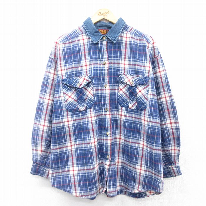 【商品番号】 lsh25042371 【商品名】 古着 FADED GLORY 長袖 シャツ レディース 00年代 00s 襟デニム コットン 紺他 チェック 【表記サイズ】 なし 【実寸サイズ】 着
