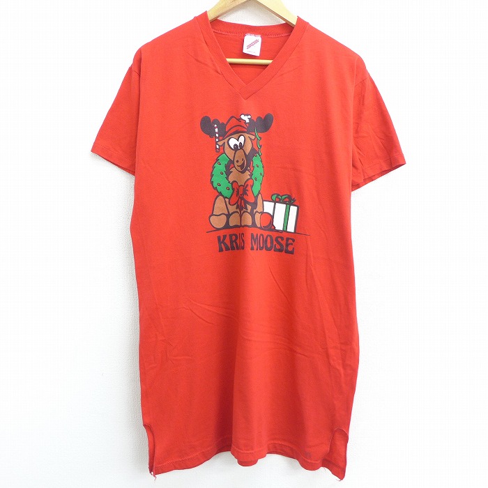 古着 半袖 ビンテージ Tシャツ ワンピース レディース 80年代 80s トナカイ クリスマス ロング丈 Vネック USA製 赤 レッド 中古 Tシャツ