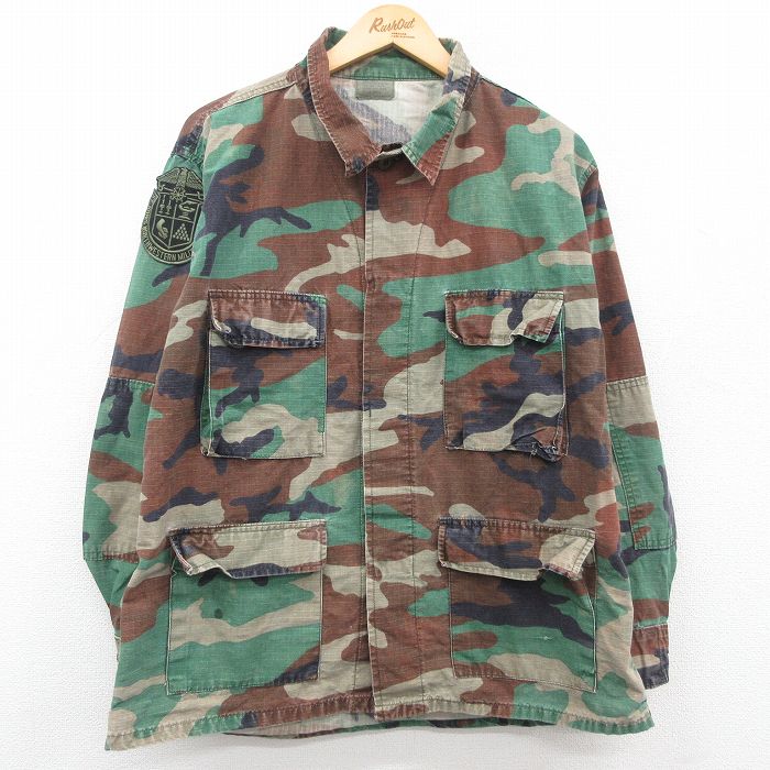 【商品番号】 ormi23091432 【商品名】 XL & starf;古着 長袖 ミリタリー ジャケット メンズ リップストップ ウッドランドカモ 緑 迷彩 【メンズ参考サイズ】 XL 【