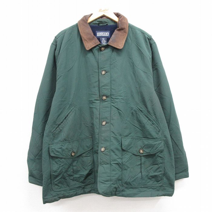【商品番号】 oudw24122532 【商品名】 XL & starf;古着 ランズエンド 長袖 ナイロン ジャケット メンズ 00年代 00s ロング丈 襟レザー 緑他 内側フリース 【メ