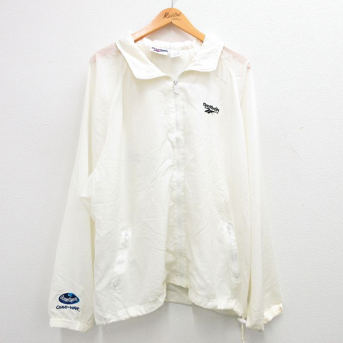 【商品番号】 ouny23102613 【商品名】 XL & starf;古着 リーボック 長袖 ナイロン ジャケット メンズ 90年代 90s ビッグロゴ ラグラン 白系 内側メッシュ 【メ