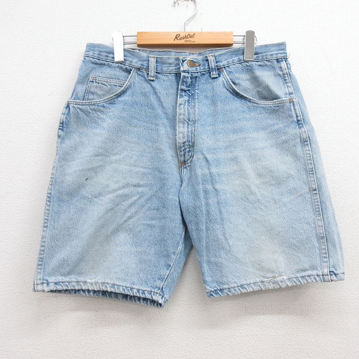 【商品番号】 pas23031432 【商品名】 W34 & starf;古着 ラングラー ショート パンツ ショーツ メンズ 90年代 90s ヒゲ コットン USA製 紺 デニム 【表記サ