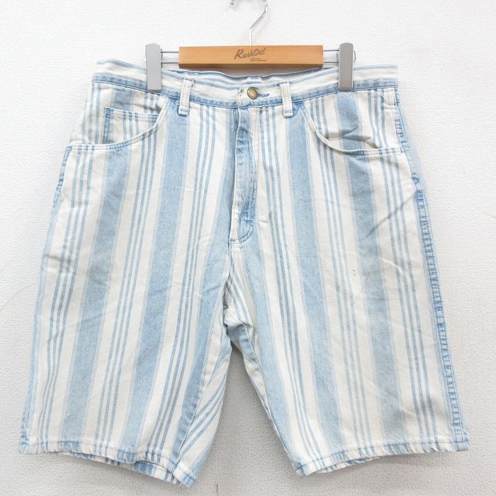 【商品番号】 pas23050933 【商品名】 W33 & starf;古着 ラングラー ショート パンツ ショーツ メンズ 90年代 90s コットン USA製 薄紺他 デニム ストライプ