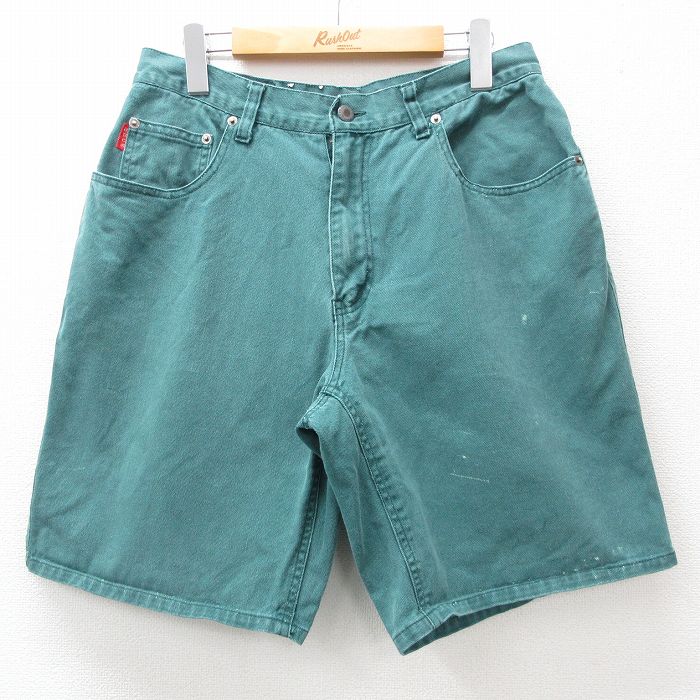 【商品番号】 pas24070513 【商品名】 W31 & starf;古着 ビューグルボーイ ショート パンツ ショーツ メンズ コットン 緑 デニム 【表記サイズ】 W33 【実寸サイズ