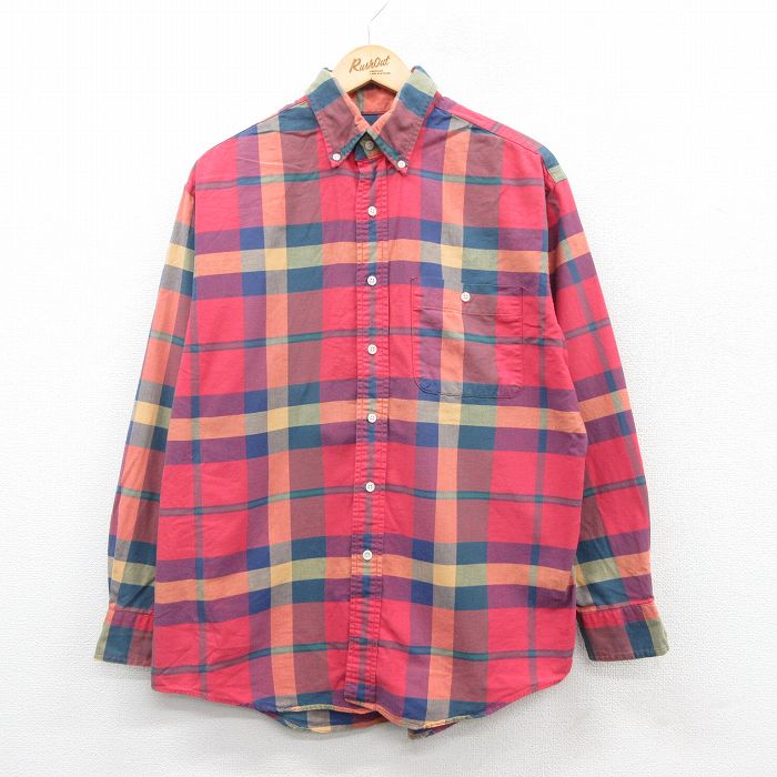 【商品番号】 shbd24120061 【商品名】 XL & starf;古着 ランズエンド 長袖 ブランド シャツ メンズ 90年代 90s コットン ボタンダウン USA製 赤他 チェック