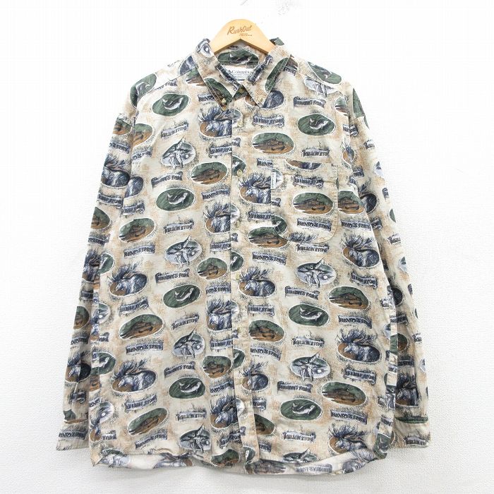 【商品番号】 shbd25021943 【商品名】 XL & starf;古着 コロンビア 長袖 ブランド シャツ メンズ 00年代 00s シカ 魚 鳥 ロング丈 コットン ボタンダウン ベ