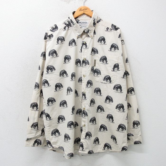 【商品番号】 shbd25022280 【商品名】 XL & starf;古着 コロンビア 長袖 ブランド シャツ メンズ 90年代 90s クマ 総柄 ロング丈 コットン ボタンダウン 薄ベ