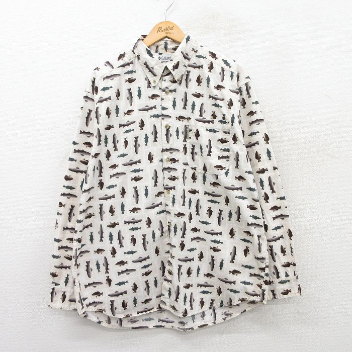 【商品番号】 shbd25030648 【商品名】 XL & starf;古着 コロンビア 長袖 ブランド シャツ メンズ 90年代 90s 魚 総柄 コットン ボタンダウン ベージュ他 【メ