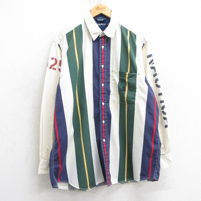 【商品番号】 shbd25031748 【商品名】 XL & starf;古着 ノーティカ 長袖 ブランド シャツ メンズ 90年代 90s ビッグロゴ 大きいサイズ ロング丈 コットン 生成