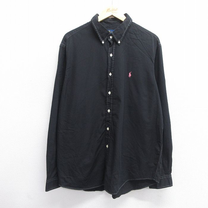 【商品番号】 shbd25043260 【商品名】 XL & starf;古着 長袖 ブランド シャツ メンズ ワンポイントロゴ 大きいサイズ コットン ボタンダウン 黒 【メンズ参考サイズ】
