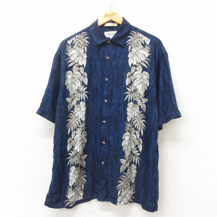 【商品番号】 shh25052112 【商品名】 XL & starf;古着 半袖 ハワイアン シャツ メンズ 00年代 00s 葉 レーヨン 紺 【メンズ参考サイズ】 XL 【表記サイズ】 