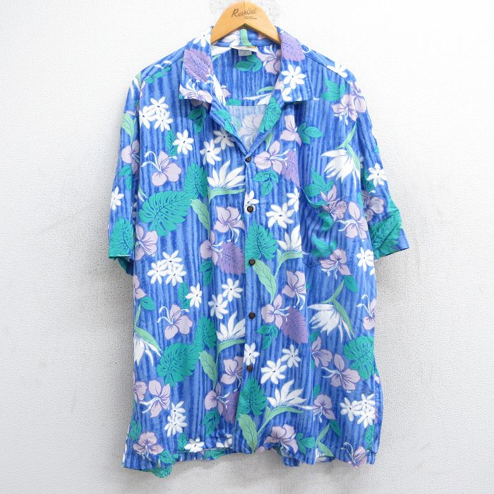 【商品番号】 shh25052161 【商品名】 XL & starf;古着 半袖 ハワイアン シャツ メンズ 90年代 90s ハイビスカス 葉 総柄 大きいサイズ レーヨン 開襟 オープン
