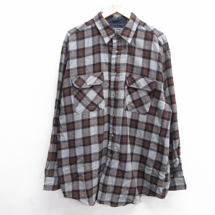 【商品番号】 shne24121732 【商品名】 XL & starf;古着 長袖 ウール シャツ メンズ 90年代 90s 大きいサイズ ロング丈 グレー他 チェック 【メンズ参考サイズ】