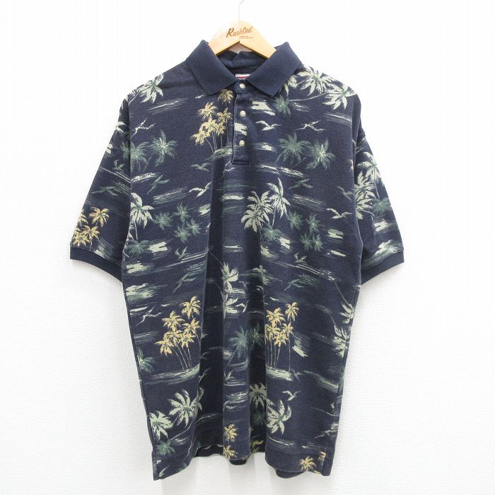【商品番号】 shp24050970 【商品名】 XL & starf;古着 ビューグルボーイ 半袖 ポロ シャツ メンズ 00年代 00s ヤシの木 鹿の子 大きいサイズ 紺 【メンズ参考サ