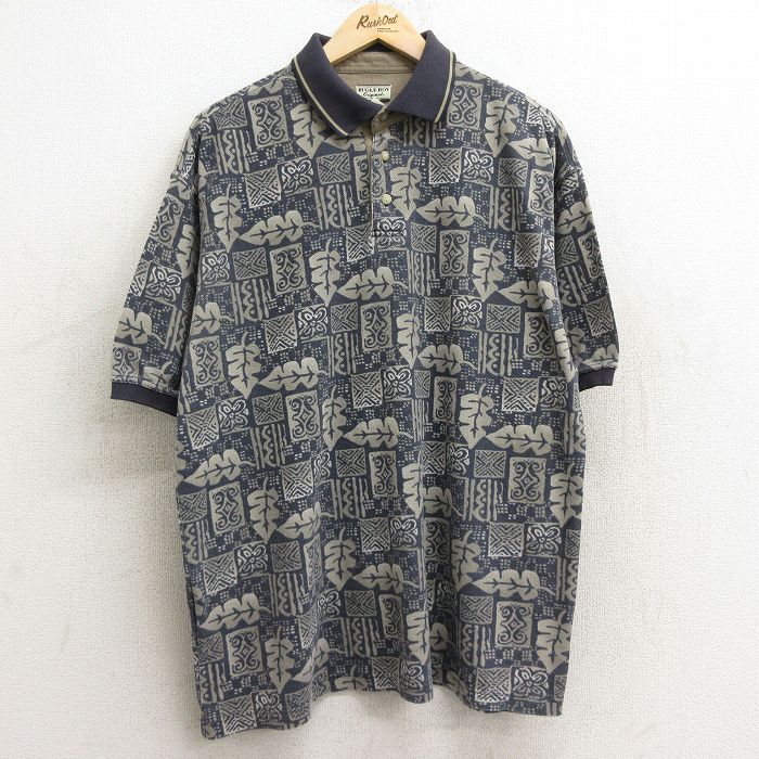 【商品番号】 shp24072732 【商品名】 XL & starf;古着 ビューグルボーイ 半袖 ポロ シャツ メンズ 葉 総柄 鹿の子 大きいサイズ 紺他 【メンズ参考サイズ】 XL 【