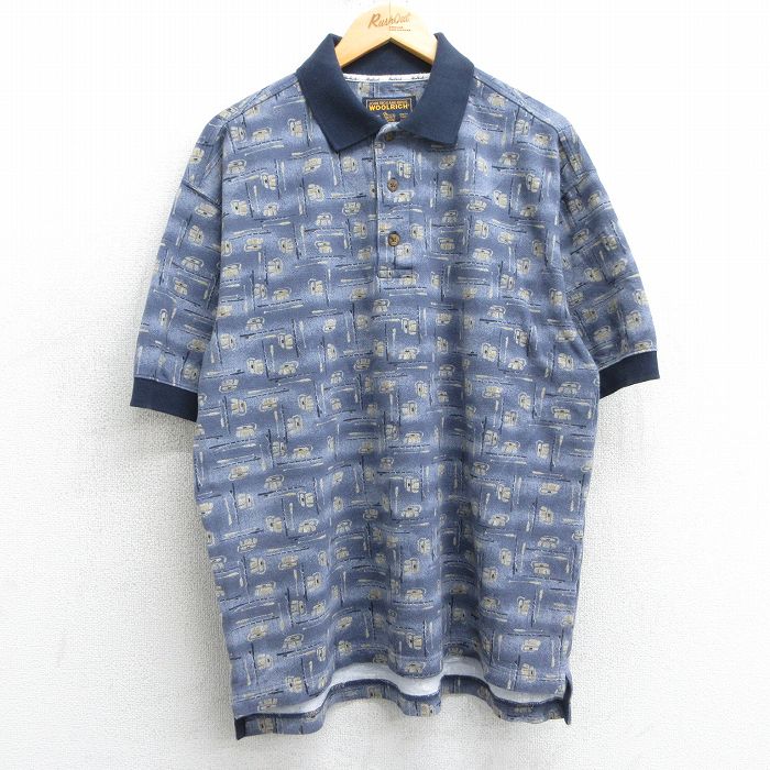 【商品番号】 shp25031129 【商品名】 XL & starf;古着 ウールリッチ 半袖 ポロ シャツ メンズ 総柄 コットン 鹿の子 薄紺他 【メンズ参考サイズ】 XL 【表記サイズ