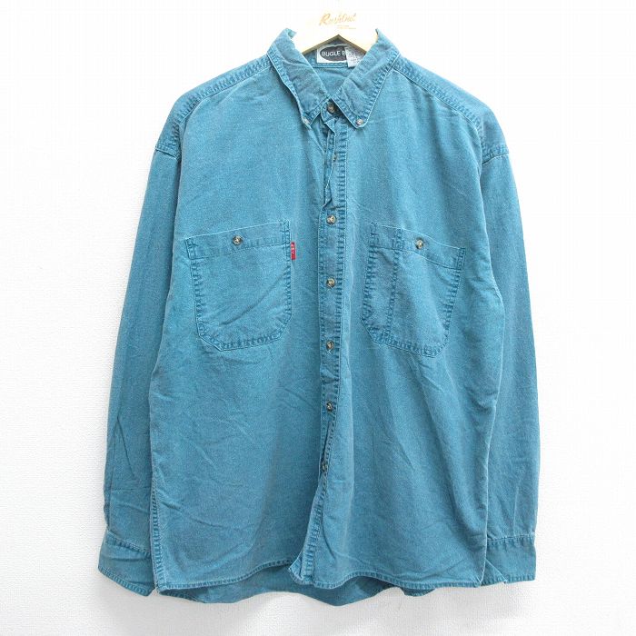 【商品番号】 shr23100118 【商品名】 XL & starf;古着 ビューグルボーイ 長袖 シャツ メンズ 90年代 90s コットン 青緑 【メンズ参考サイズ】 XL 【表記サイズ