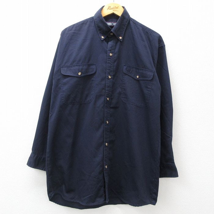 【商品番号】 shr24050755 【商品名】 L & starf;古着 チェロキー 長袖 シャツ メンズ 90年代 90s ワンポイントロゴ ロング丈 ボタンダウン 濃紺 【メンズ参考サイ