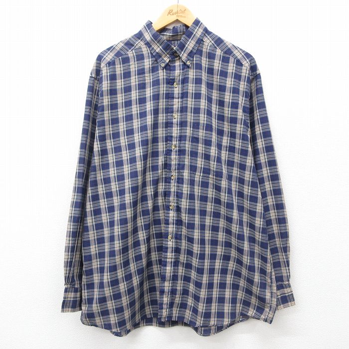 【商品番号】 shr24110382 【商品名】 XL & starf;古着 長袖 シャツ メンズ 90年代 90s 大きいサイズ ロング丈 ボタンダウン USA製 紺他 チェック 【メンズ参